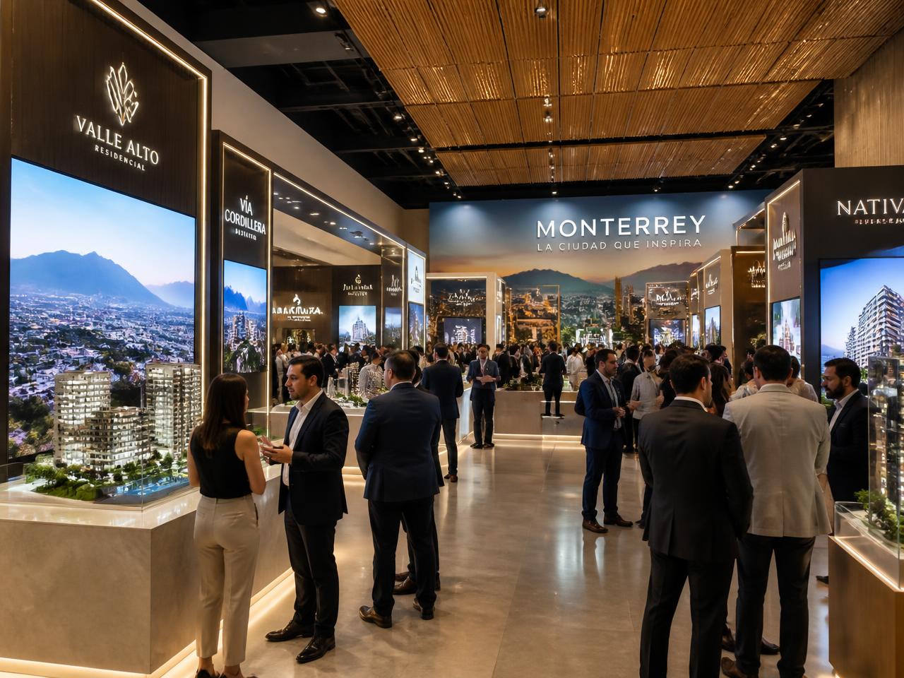 Expo inmobiliaria con stands y profesionales del sector en Monterrey